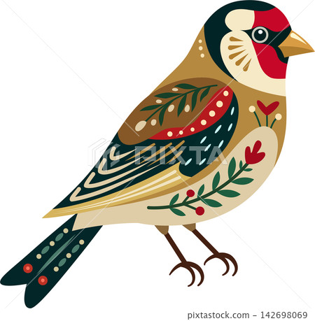 A colorful folk-art style illustration of a stylized goldfinch with red, cream, brown, teal, and green plumage. A colorful folk-art style illustration of a stylized goldfinch with red, cream, brown, teal, and green plumage. 142698069