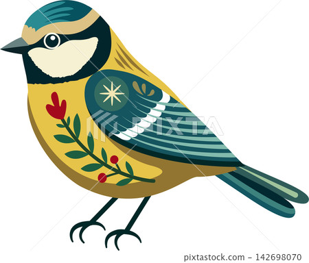 A folk-art style illustration featuring a yellow and teal songbird with a cream face, decorative floral motifs, red berries, and intricate striped wing feathers. A folk-art style illustration featuring a yellow and teal songbird with a cream face, decorative floral motifs, red berries, and intricate striped wing feathers. 142698070