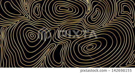Wooden texture in gold color on black background. Luxury golden topographic print. Shiny concentric circles and curves. Elegant premium wallpaper. Vector illustration Wooden texture in gold color on black background. Luxury golden topographic print. Shiny concentric circles and curves. Elegant premium wallpaper. Vector illustration 142698155