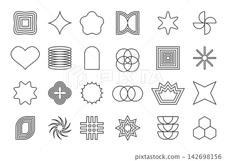 Set of aesthetic linear geometric shapes. Trendy forms isolated on white background. Simple star and flower, heart and arch, crown and twinkle symbols. Editable stroke. Vector graphic illustration 142698156