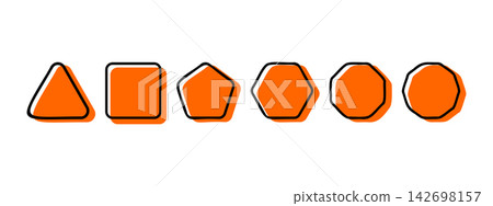 Set of basic geometric forms with rounded corners and duplicated orange shapes in the background. Triangle and square, pentagon and hexagon, octagon and decagon figures. Vector graphic illustration Set of basic geometric forms with rounded corners and duplicated orange shapes in the background. Triangle and square, pentagon and hexagon, octagon and decagon figures. Vector graphic illustration 142698157