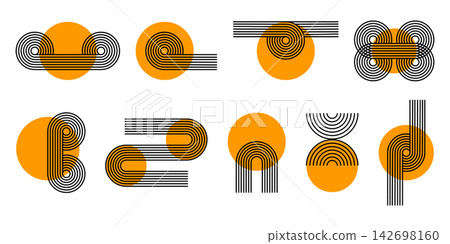 Set of rounded lines crossed by orange circle shapes. Geometric figures in trendy boho style. Minimalistic design elements for modern templates. Vector graphic illustration Set of rounded lines crossed by orange circle shapes. Geometric figures in trendy boho style. Minimalistic design elements for modern templates. Vector graphic illustration 142698160