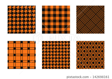 Set of Halloween or Thanksgiving Day patterns in orange and black colors. Collection of tablecloth, plaid or wrapping paper prints. Autumn theme textile designs. Vector flat illustration 142698161