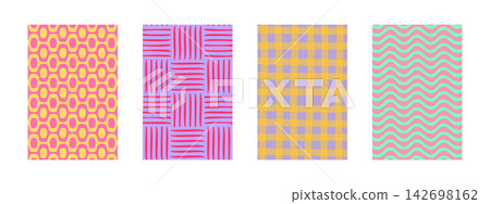 Set of trendy dopamine patterns. Vertical posters with colorful handdrawn prints. Cute abstract backgrounds. Simple geometric textures. Modern wallpapers. Vector flat illustration Set of trendy dopamine patterns. Vertical posters with colorful handdrawn prints. Cute abstract backgrounds. Simple geometric textures. Modern wallpapers. Vector flat illustration 142698162