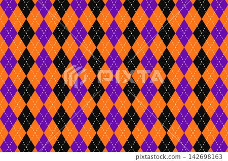 Argyle pattern in traditional Halloween colors. Orange, purple and black rhombus shapes print. Sweater, socks, plaid or wrapping paper print with repeated diamonds. Vector flat illustration Argyle pattern in traditional Halloween colors. Orange, purple and black rhombus shapes print. Sweater, socks, plaid or wrapping paper print with repeated diamonds. Vector flat illustration 142698163