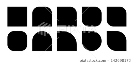 Set of square, arch and semiarch, leaf and petal, and double arc shapes. Simple black geometric templates isolated on white background. Vector graphic illustration 142698173