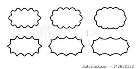Set of rectangular scalloped frames. Oval forms with wiggly borders. Empty textboxes, labels, chat bubbles, speech bubbles or message tags isolated on white background. Vector graphic illustration Set of rectangular scalloped frames. Oval forms with wiggly borders. Empty textboxes, labels, chat bubbles, speech bubbles or message tags isolated on white background. Vector graphic illustration 142698188