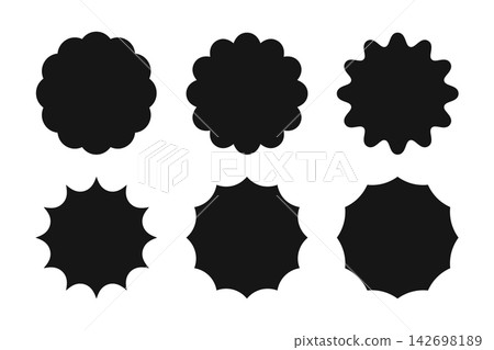 Set of round wavy shapes. Circles with frilly and jagged borders. Flower on sun silhouettes. Empty text boxes, labels, price tags, quality or certified marks templates. Vector graphic illustration. Set of round wavy shapes. Circles with frilly and jagged borders. Flower on sun silhouettes. Empty text boxes, labels, price tags, quality or certified marks templates. Vector graphic illustration. 142698189