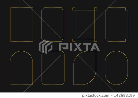 Set of luxury golden geometric frames. Simple elegant gold templates for wedding invitations or greeting cards, event or party banners isolated on dark background. Vector realistic illustration Set of luxury golden geometric frames. Simple elegant gold templates for wedding invitations or greeting cards, event or party banners isolated on dark background. Vector realistic illustration 142698199