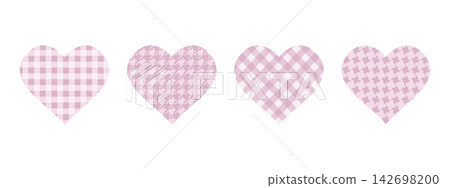 Set of cute paper or textile pink heart shapes with checkered gingham, houndstooth and pepita patterns. Templates of Valentine Day cards or fabric patches. Vector flat illustration Set of cute paper or textile pink heart shapes with checkered gingham, houndstooth and pepita patterns. Templates of Valentine Day cards or fabric patches. Vector flat illustration 142698200