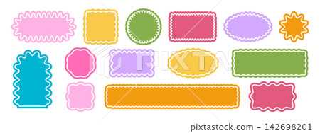 Set of cute geometric shapes with curvy edges and transparent border lines. Basic undulated forms isolated on white background. Empty stamps, stickers, tags or labels. Vector flat illustration Set of cute geometric shapes with curvy edges and transparent border lines. Basic undulated forms isolated on white background. Empty stamps, stickers, tags or labels. Vector flat illustration 142698201
