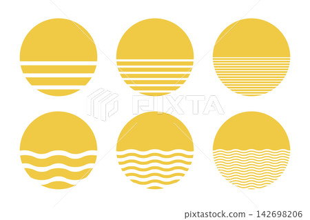 Set of yellow whole and striped semicircle halves isolated on white background. Sun and sea silhouettes. Sunrise or sunset concept. Simple design elements. Vector flat illustration Set of yellow whole and striped semicircle halves isolated on white background. Sun and sea silhouettes. Sunrise or sunset concept. Simple design elements. Vector flat illustration 142698206