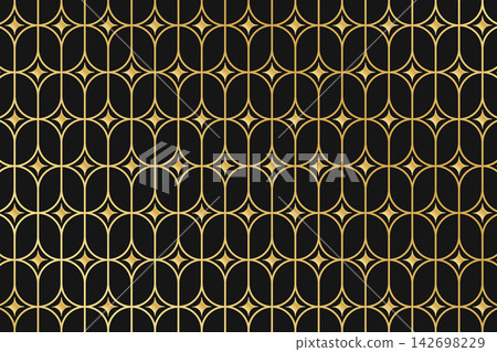 Art deco or nouveau pattern with repeated gold oval and twinkle shapes on black background. Premium geometric print. Elegant minimalistic wallpaper. Golden abstract ornament. Vector illustration Art deco or nouveau pattern with repeated gold oval and twinkle shapes on black background. Premium geometric print. Elegant minimalistic wallpaper. Golden abstract ornament. Vector illustration 142698229
