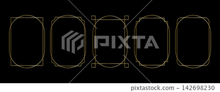 Set of double golden rectangular frames. Elegant gold thin border templates for wedding invitations or greeting cards, event or party banners isolated on black background. Vector illustration 142698230