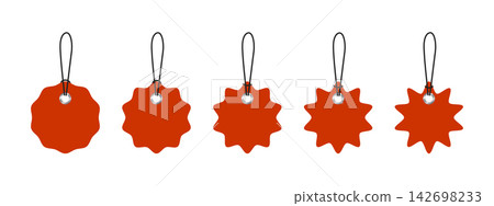Set of empty round red paper tags with wavy borders, holes and threads isolated on white background. Paper price labels, shop offers, luggage badges or gift coupons templates. Vector illustration Set of empty round red paper tags with wavy borders, holes and threads isolated on white background. Paper price labels, shop offers, luggage badges or gift coupons templates. Vector illustration 142698233