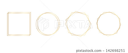 Set of golden double square, round, hexagon and octagon frames isolated on white background. Shiny geometric borders. Design elements for banners, greeting or wedding cards. Vector illustration Set of golden double square, round, hexagon and octagon frames isolated on white background. Shiny geometric borders. Design elements for banners, greeting or wedding cards. Vector illustration 142698251