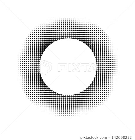 Round frame with polka dot texture and gradient effect. Circle shape with mosaic, noise or grain border isolated on white background. Circular decorative design element. Vector graphic illustration 142698252