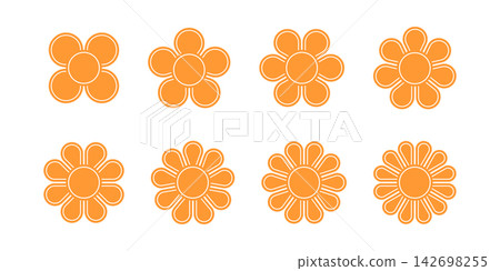 Simple orange flower shapes with petals from 4 to 12. Geometric floral silhouettes isolated on white background. Decorative design elements. Vector flat illustration Simple orange flower shapes with petals from 4 to 12. Geometric floral silhouettes isolated on white background. Decorative design elements. Vector flat illustration 142698255