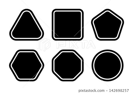 Set of black geometric figures with rounded corners and inner borders. Triangle and square, pentagon and hexagon, circle and octagon shapes isolated on white background. Vector graphic illustration 142698257