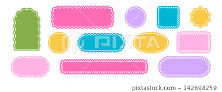 Colorful geometric shapes with scalloped edges and transparent border lines. Basic curvy forms isolated on white background. Empty stamps, stickers, tags or labels. Vector flat illustration Colorful geometric shapes with scalloped edges and transparent border lines. Basic curvy forms isolated on white background. Empty stamps, stickers, tags or labels. Vector flat illustration 142698259
