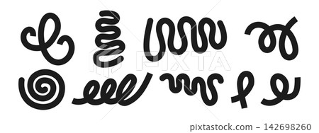 Set of curvy hand-drawn lines. Black squiggles, spirals and loop shapes. Organic doodle figures isolated on white background. Decorative design elements. Vector graphic illustration 142698260