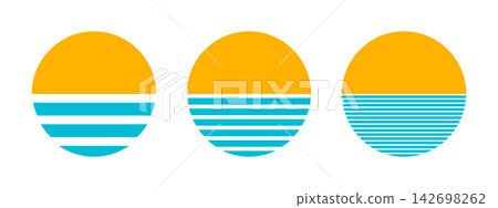 Set of whole yellow and striped blue semicircle geometric shapes isolated on white background. Sun and sea silhouettes. Sunrise or sunset concept. Simple design elements. Vector flat illustration 142698262