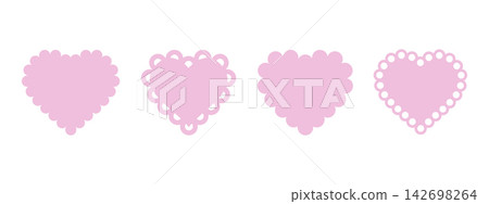 Set of pink paper or textile heart shapes with scalloped borders. Templates of Valentine Day cards or fabric patches with frilly edges isolated on white background. Vector flat illustration Set of pink paper or textile heart shapes with scalloped borders. Templates of Valentine Day cards or fabric patches with frilly edges isolated on white background. Vector flat illustration 142698264