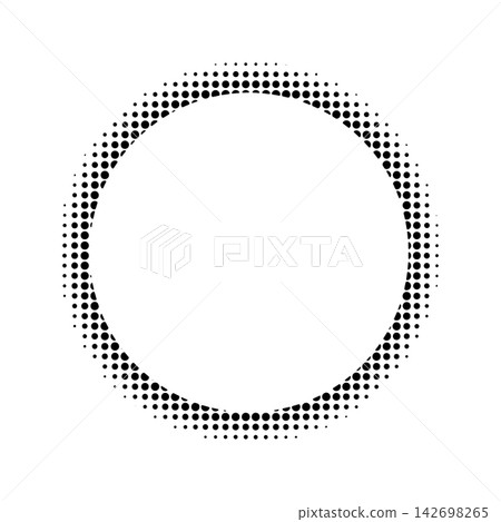 Round frame with dotted texture and halftone effect. Circle shape with pixel, noisy or grainy border isolated on white background. Circular decorative design element. Vector graphic illustration Round frame with dotted texture and halftone effect. Circle shape with pixel, noisy or grainy border isolated on white background. Circular decorative design element. Vector graphic illustration 142698265