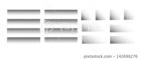 Set of dotted square and rectangular shapes with halftone effect. Geometric shadows with grainy gradient texture for anime comic page design isolated on white background. Vector graphic illustration Set of dotted square and rectangular shapes with halftone effect. Geometric shadows with grainy gradient texture for anime comic page design isolated on white background. Vector graphic illustration 142698276