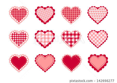 Set of cute paper or textile red and pink heart shapes with checkered vichy, houndstooth and pepita pattern and laced borders. Templates of Valentine day cards or patches. Vector flat illustration Set of cute paper or textile red and pink heart shapes with checkered vichy, houndstooth and pepita pattern and laced borders. Templates of Valentine day cards or patches. Vector flat illustration 142698277