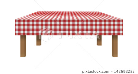 Empty cafe or kitchen table with red and white vichy tabletop in perspective. Element of furniture for Italian pizzeria restaurant. Picnic, street breakfast or dinner concept. Vector illustration Empty cafe or kitchen table with red and white vichy tabletop in perspective. Element of furniture for Italian pizzeria restaurant. Picnic, street breakfast or dinner concept. Vector illustration 142698282