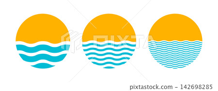 Set of yellow semicircle shapes and blue wavy lines isolated on white background. Sun and sea silhouettes. Sunrise or sunset concept. Simple design element. Vector flat illustration Set of yellow semicircle shapes and blue wavy lines isolated on white background. Sun and sea silhouettes. Sunrise or sunset concept. Simple design element. Vector flat illustration 142698285
