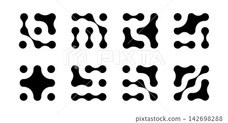 Set of meta ball patterns. Linked fluid drops, dots or organic shapes isolated on white background. Connected neurons, nano molecules or biological cells. Modern abstract print. Vector illustration 142698288