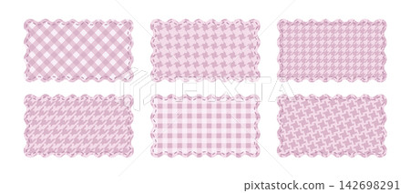 Set or paper or textile rectangular cards or patches with gingham pattern, stitched borders and wavy edges isolated on white background. Cute design elements in girly style. Vector flat illustration 142698291