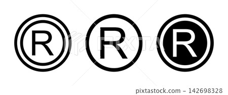 Set of R letters in round frames. Register mark icons isolated on white background. Commercial rights symbols. Brand registration marks for imitation protection. Vector graphic illustration Set of R letters in round frames. Register mark icons isolated on white background. Commercial rights symbols. Brand registration marks for imitation protection. Vector graphic illustration 142698328