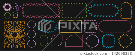 Set of colorful sun and arch, rectangle and square, oval and round icons with wavy edges. Cute geometric shapes with curvy borders. Empty boxes, stickers, tags or labels. Vector flat illustration Set of colorful sun and arch, rectangle and square, oval and round icons with wavy edges. Cute geometric shapes with curvy borders. Empty boxes, stickers, tags or labels. Vector flat illustration 142698338