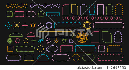 Set of neon colored arch and semiarch, rectangle and square, oval and circle, star and sun icons with wavy edges on dark background. Cute geometric forms with curvy borders. Vector illustration 142698360
