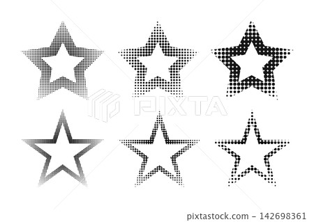 Set of star shapes with dotted borders with faded effect. Starry forms with grain, noise or pixel gradient texture isolated on white background. Simple design elements. Vector graphic illustration. 142698361