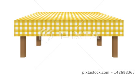 Empty cafe or kitchen table with yellow and white gingham tablecloth in perspective. Element of furniture for Italian restaurant. Picnic, street breakfast or dinner concept. Vector illustration Empty cafe or kitchen table with yellow and white gingham tablecloth in perspective. Element of furniture for Italian restaurant. Picnic, street breakfast or dinner concept. Vector illustration 142698363