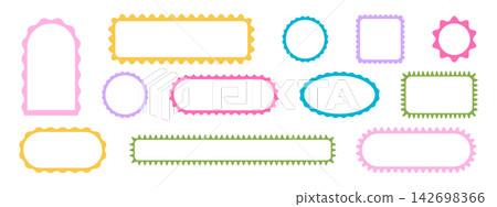 Set of colorful geometric frames with wavy borders. Scalloped shapes. Empty laced text boxes, tags or banner templates isolated on white background. Vector flat illustration Set of colorful geometric frames with wavy borders. Scalloped shapes. Empty laced text boxes, tags or banner templates isolated on white background. Vector flat illustration 142698366