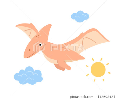 Cute pterodactyl in sky for kids. Flat cartoon dino character for nursery decor, children vector isolated illustration Cute pterodactyl in sky for kids. Flat cartoon dino character for nursery decor, children vector isolated illustration 142698421