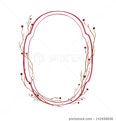 Hand painted watercolor trendy oval frame of thin rust brown twigs with small burgundy berries and soft dark red arcs, empty centre for text, minimal terracotta palette, white background. 142698696