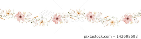 Hand painted watercolor seamless border with blush pink anemones, cream white daisies, sage green leaves and dried wheat sprigs, repeating horizontal wedding botanical trim isolated on background Hand painted watercolor seamless border with blush pink anemones, cream white daisies, sage green leaves and dried wheat sprigs, repeating horizontal wedding botanical trim isolated on background 142698698