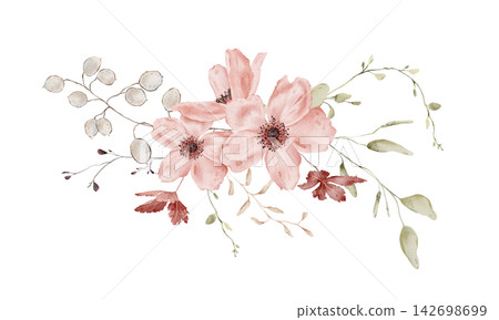 Arrangement of blush pink anemones with dark centers, silvery Lunaria seed pods, terracotta maple leaves and trailing sage green stems on white background. Hand-painted watercolor illustration Arrangement of blush pink anemones with dark centers, silvery Lunaria seed pods, terracotta maple leaves and trailing sage green stems on white background. Hand-painted watercolor illustration 142698699