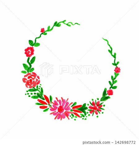 Hand drawn gentle floral watercolor round frame. For the decor of postcards, stickers, labels, products, cosmetics. Bright red, pink flowers, green foliage isolated on a white background. Hand drawn gentle floral watercolor round frame. For the decor of postcards, stickers, labels, products, cosmetics. Bright red, pink flowers, green foliage isolated on a white background. 142698772