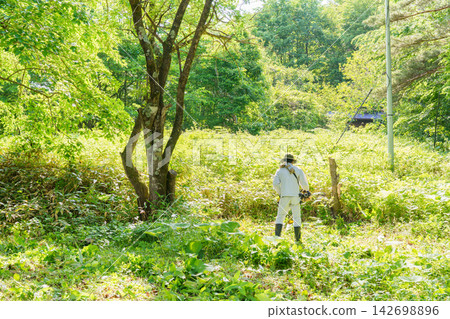 日本男子用割草機除草 142698896