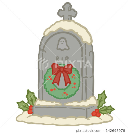 Cute Christmas Graveyard Tombstone With Festive Wreath Red Bow Holly Berries Snow Cozy Spooky Holiday Winter Cemetery Illustration Cute Christmas Graveyard Tombstone With Festive Wreath Red Bow Holly Berries Snow Cozy Spooky Holiday Winter Cemetery Illustration 142698976