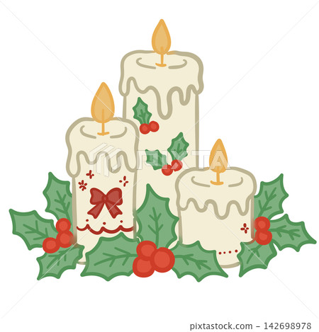 Cozy Christmas Candle Trio With Holly Berries Red Bow and Glowing Flames Vintage Holiday Winter Botanical Decoration Illustration Cozy Christmas Candle Trio With Holly Berries Red Bow and Glowing Flames Vintage Holiday Winter Botanical Decoration Illustration 142698978