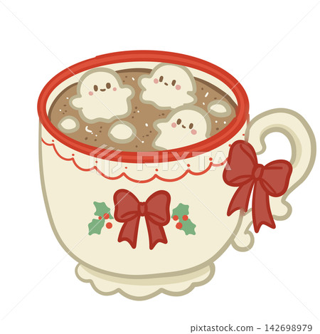 Cute Christmas Hot Chocolate Mug With Tiny Marshmallow Ghosts Red Bows Holly Berries Cozy Spooky Holiday Drink Illustration Cute Christmas Hot Chocolate Mug With Tiny Marshmallow Ghosts Red Bows Holly Berries Cozy Spooky Holiday Drink Illustration 142698979