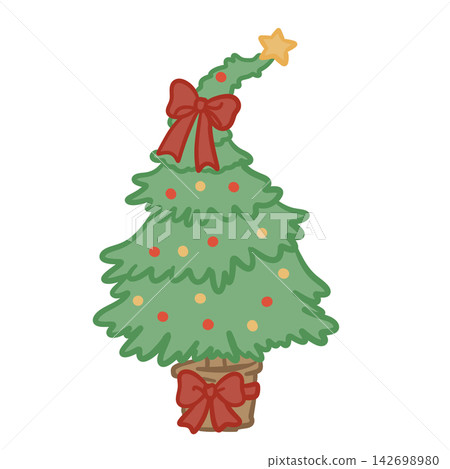 Cute Vintage Christmas Tree With Red Bows Colorful Ornaments Golden Star Cozy Retro Holiday Winter Decoration Illustration 142698980
